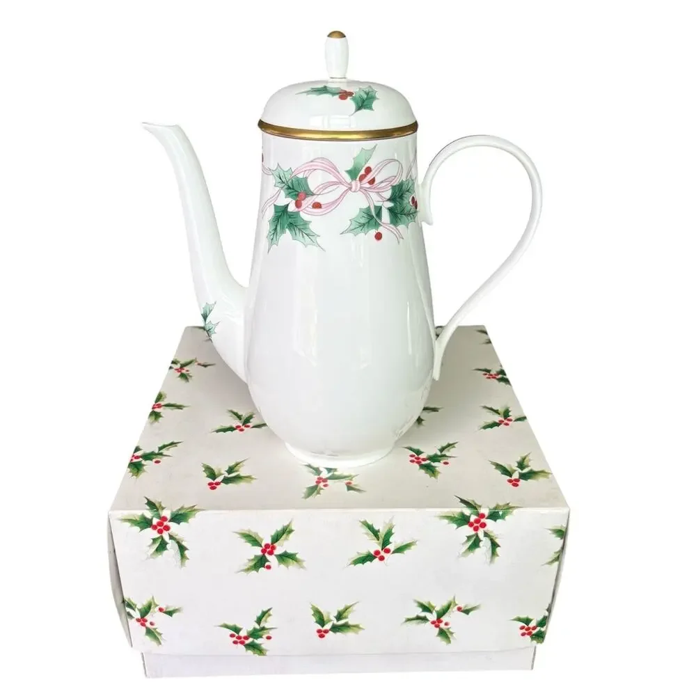 Mikasa Christmas Holly Ribbon Coffee Tea Pot w/ Lid Gold Trim 9.5” Holiday